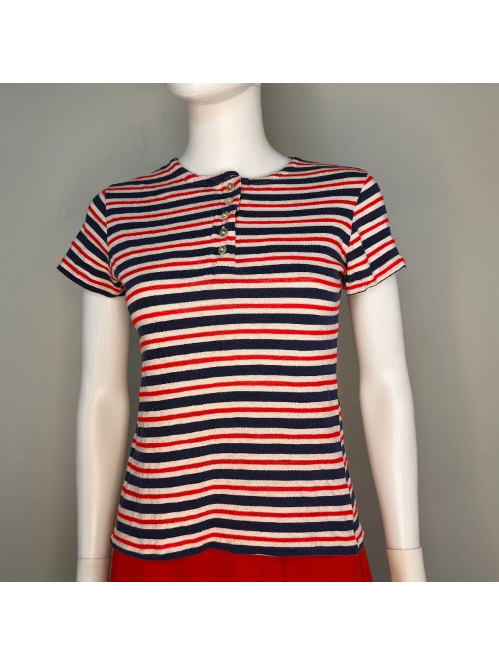Vintage 1960s/70s Red White and Blue Stripe Henley T-Shirt, Size Small